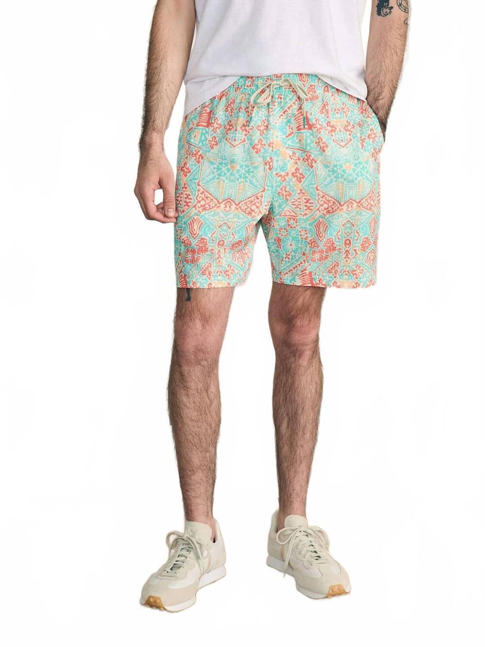 NEW FAHERTY men's shorelite active swim trunk - 7" in tropic cay block print